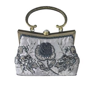 Victorian inspired gunmetal gray satin beaded clutch metal handle or long chain